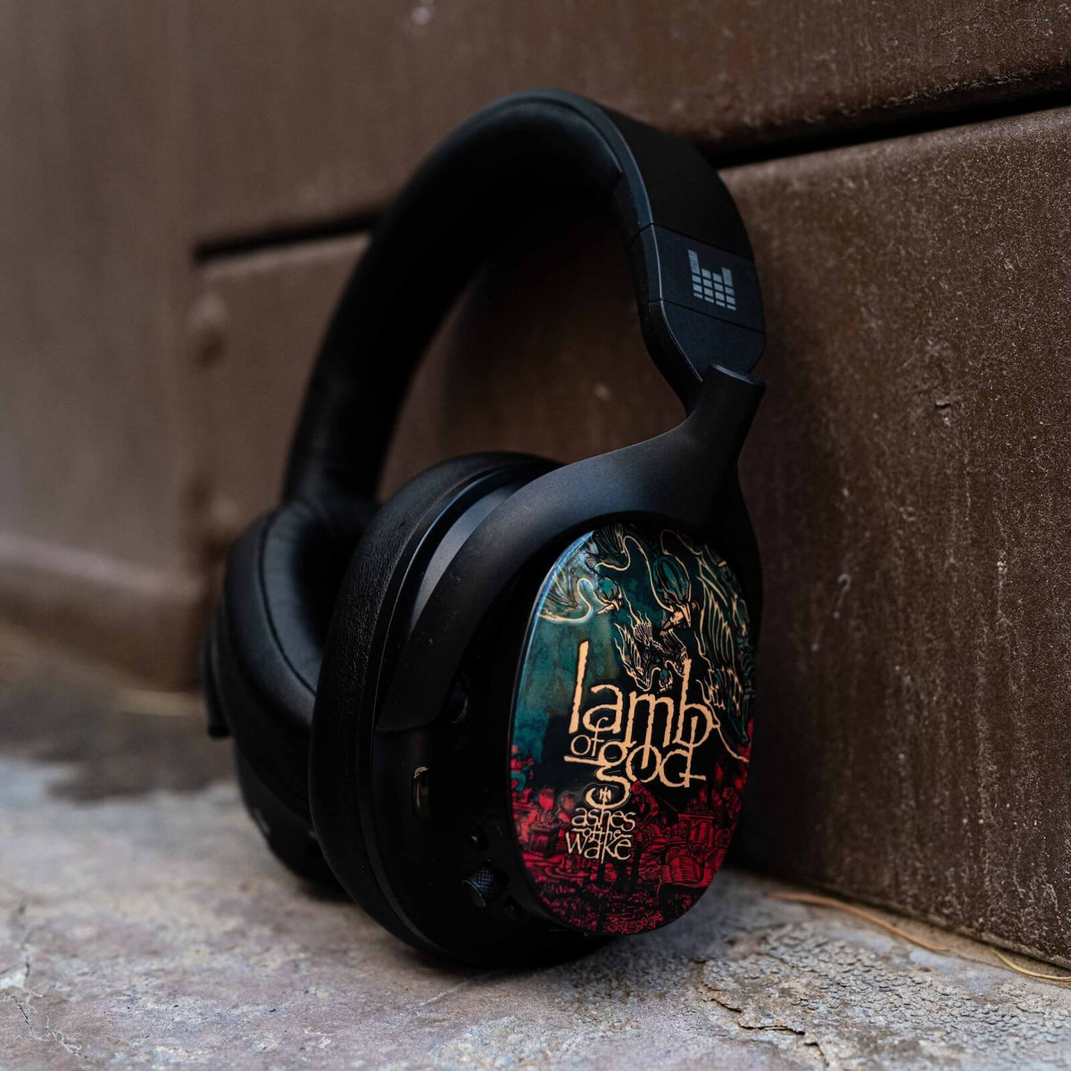 Heavys H1H headphones wearing the Lamb of God Ashes of the Wake shells